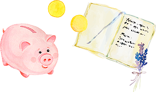 ブタの貯金箱とノートブック